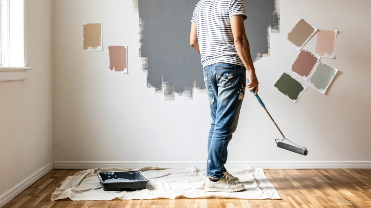 A homeowner painting a bedroom wall during a DIY project