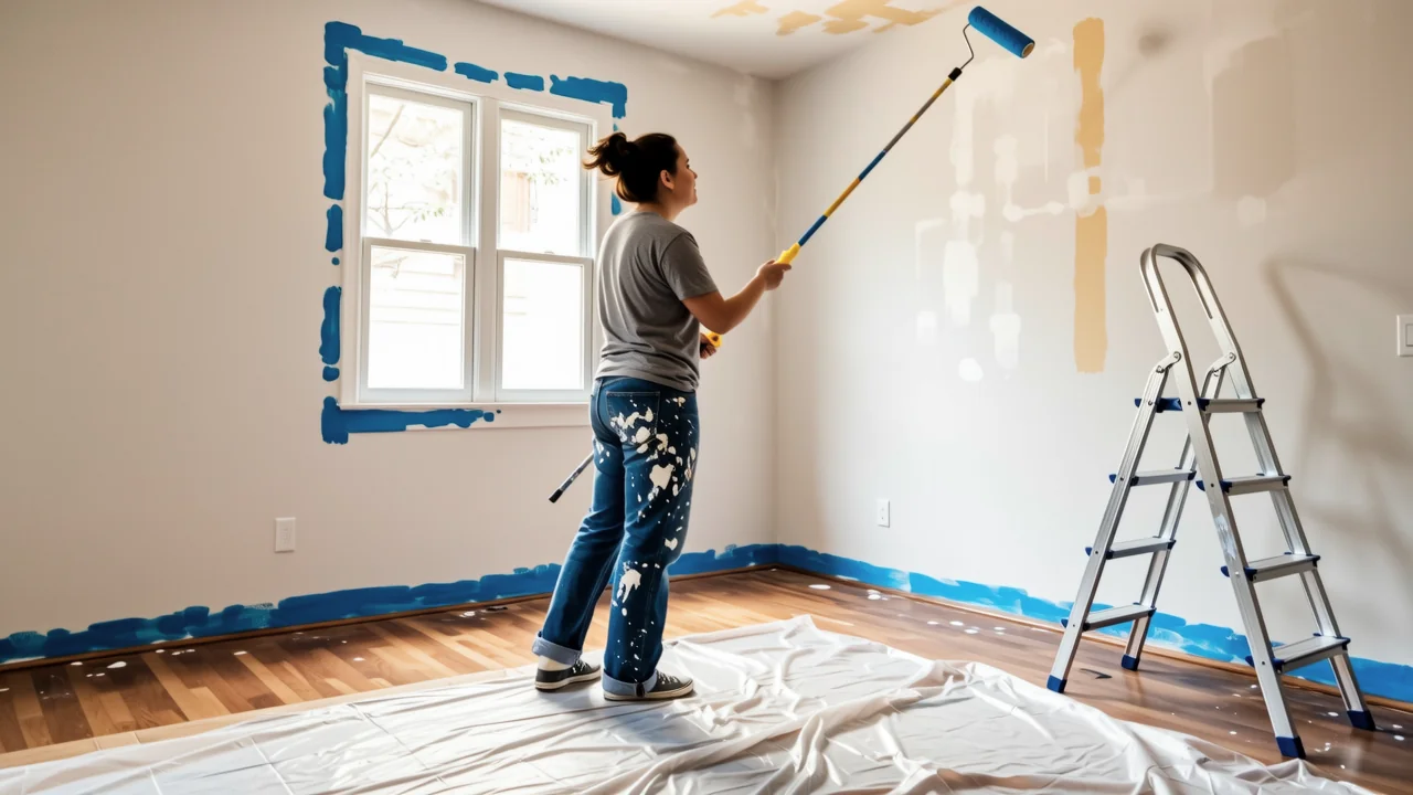 Eine Person streicht eine Wohnzimmerwand mit einem Roller an einer Verlaengerungsstange