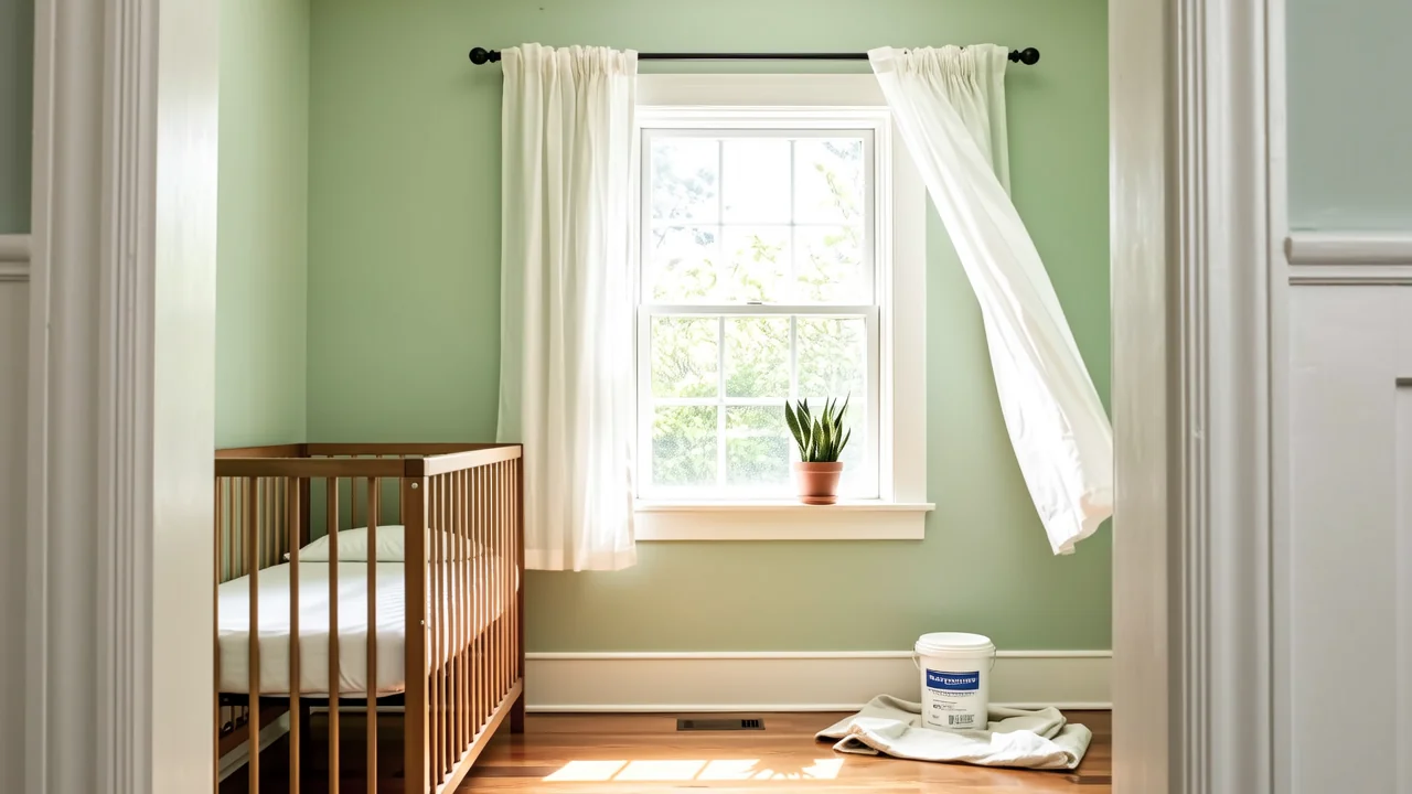 Ein helles Kinderzimmer mit mintgruenen Waenden und offenem Fenster