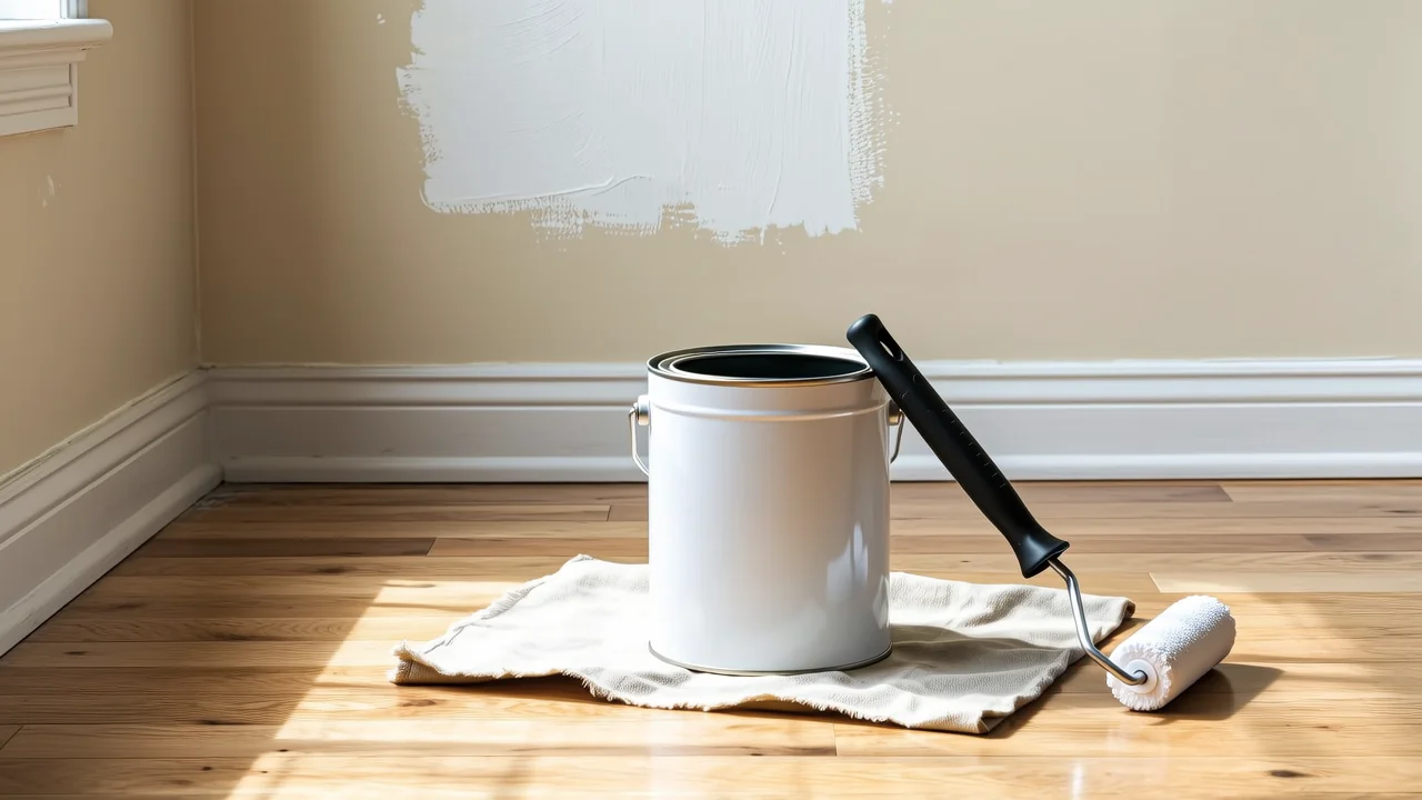 Una lata de pintura de un galón y un rodillo frente a una pared parcialmente pintada