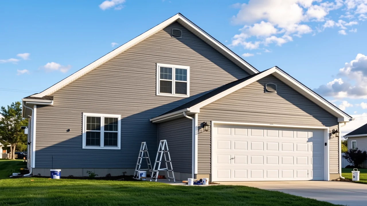 A freshly painted two-story suburban house with warm gray siding