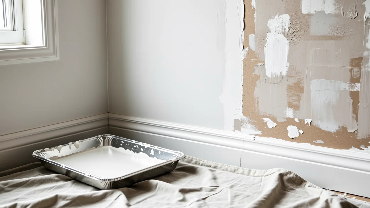 A wall half-primed with white primer and half bare drywall