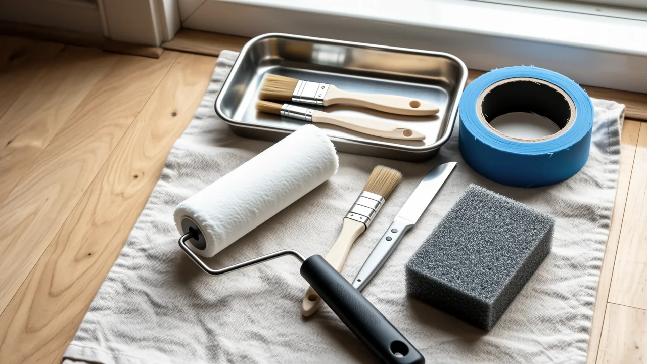 Essential painting tools on a drop cloth: roller, brushes, tray, tape, sander