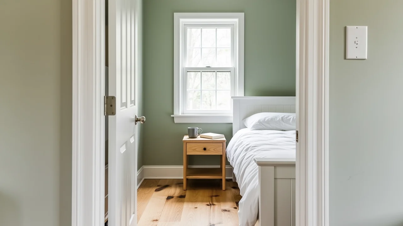 A small bedroom with light sage green walls that feel open and airy